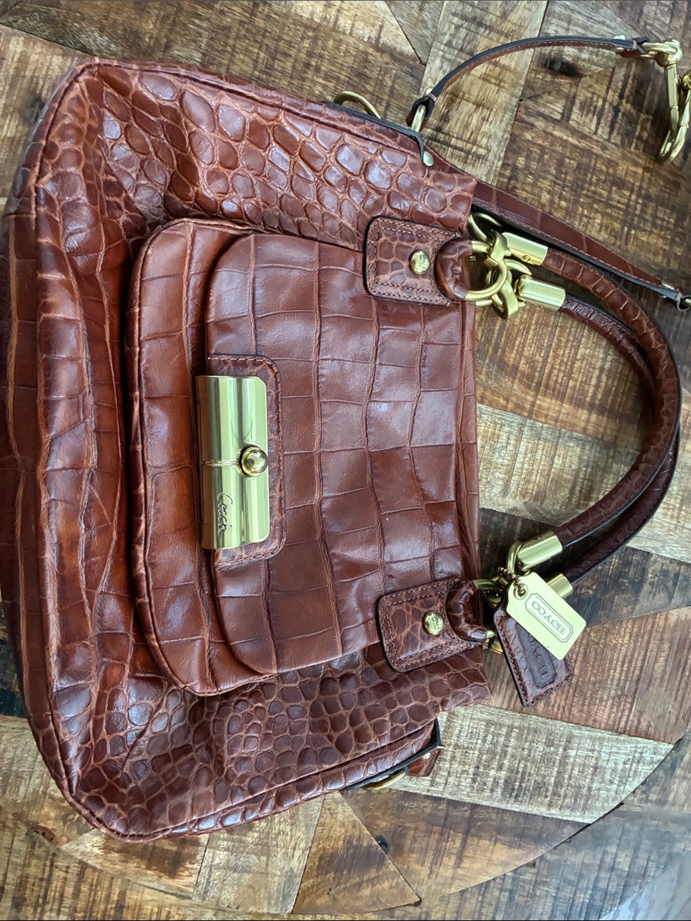 Coach Cognac Croc-Embossed Leather Shoulder Bag with Gold Hardware